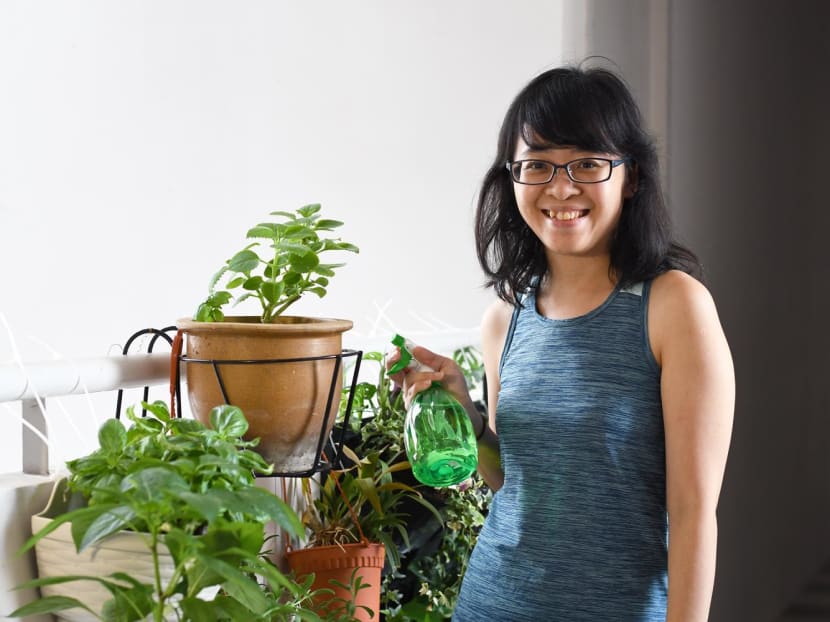 The author Goh Tian and her edible garden with plants such as basil and chilli. 