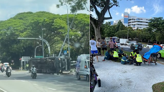 垃圾车疑失控打滑翻覆 三人受伤送院 司机助查