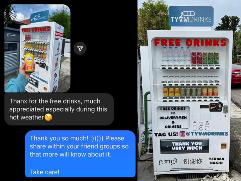 This family has a vending machine that dispenses free drinks for delivery people This family has a vending machine that dispenses free drinks for delivery people