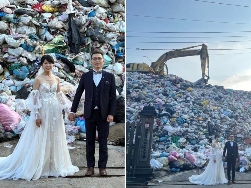The couple poses for wedding photos in front of a garbage dump in Puli Township. The couple poses for wedding photos in front of a garbage dump in Puli Township.