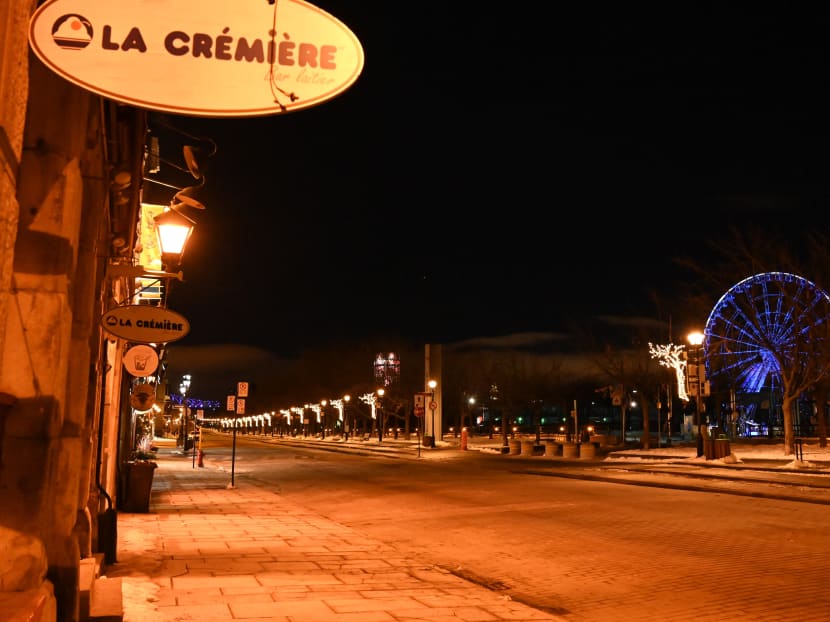The Old Port, which usually attracts tourists, is pictured deserted moments after the curfew was implemented from 8pm local time till 5am in Montreal, Canada on Jan 9, 2021.