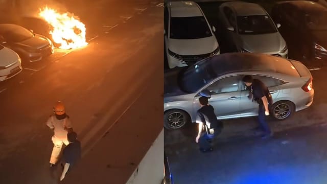 文庆停车场车子起火狂烧 邻车车主冒险移车被斥责