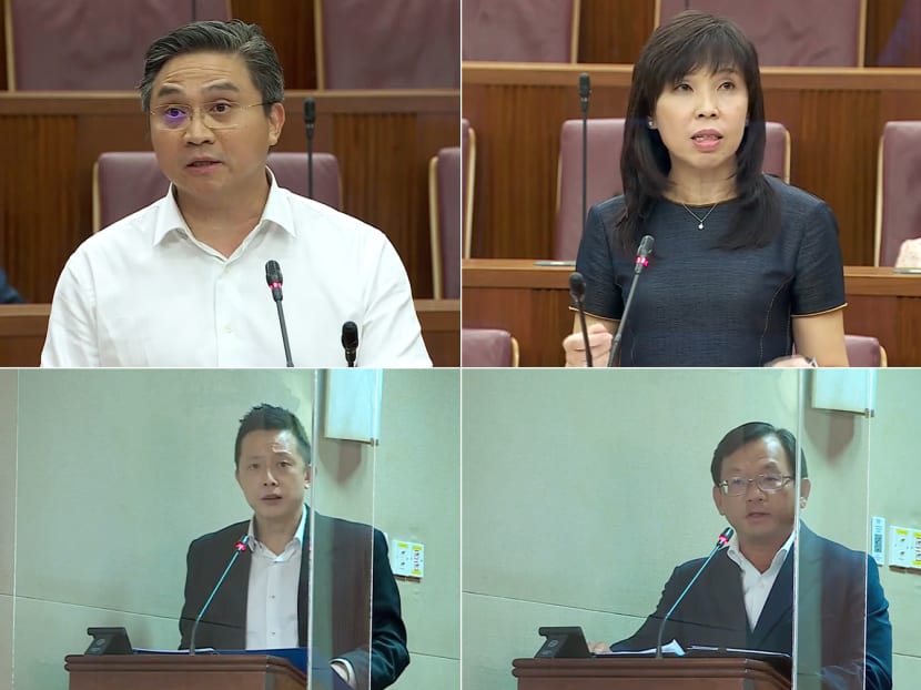 (Clockwise from left) Members of Parliament Saktiandi Supaat, Jessica Tan, Chong Kee Hiong and Yip Hon Weng debating the Budget on Feb 28, 2022. (Clockwise from left) Members of Parliament Saktiandi Supaat, Jessica Tan, Chong Kee Hiong and Yip Hon Weng debating the Budget on Feb 28, 2022.