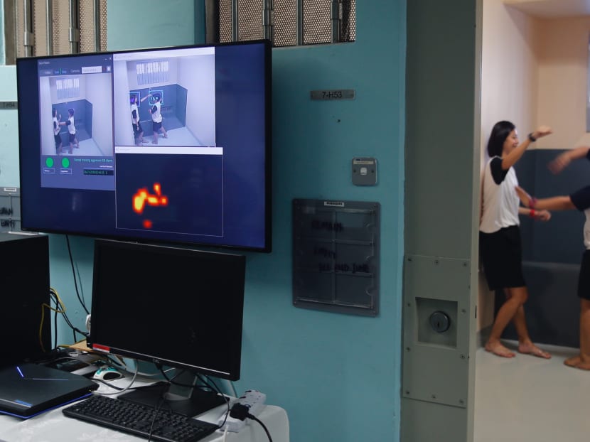 The Avatar, a Human Behaviour Detection System, was one of the technological initiatives shown during the media tour of Changi Prison Complex Institution A4 on Thursday, June 21, 2018. It is a video analytics system that can be used to detect and alert prisons officers to abnormal activities — such as fights — in the cell.