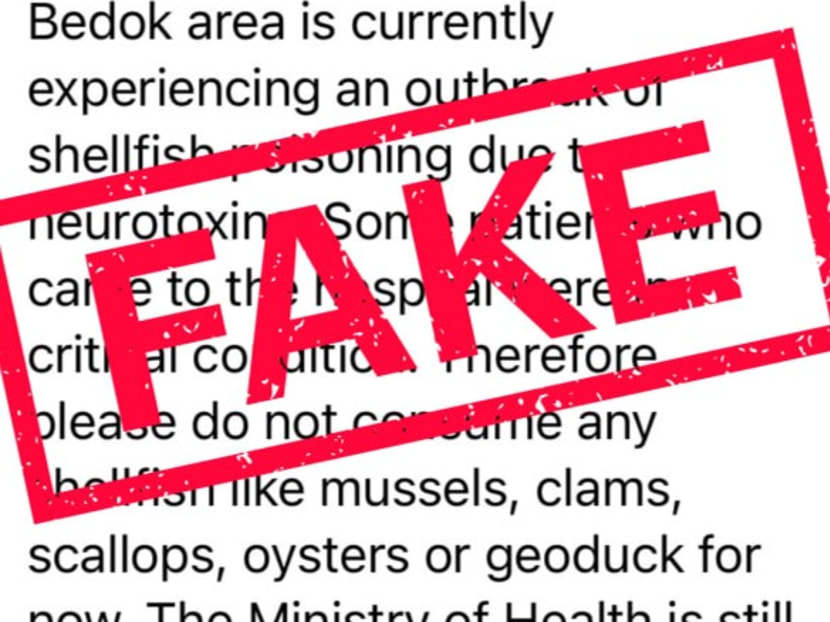 Rumours circulating on WhatsApp about a shellfish poisoning outbreak in Bedok are untrue, say the Singapore Food Agency and Health Ministry on April 8, 2024. Rumours circulating on WhatsApp about a shellfish poisoning outbreak in Bedok are untrue, say the Singapore Food Agency and Health Ministry on April 8, 2024.