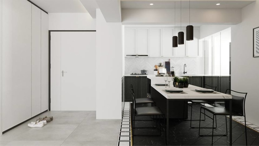 A 1,000 sq ft BTO flat that’s black, white and grey – and inspired by hotel rooms