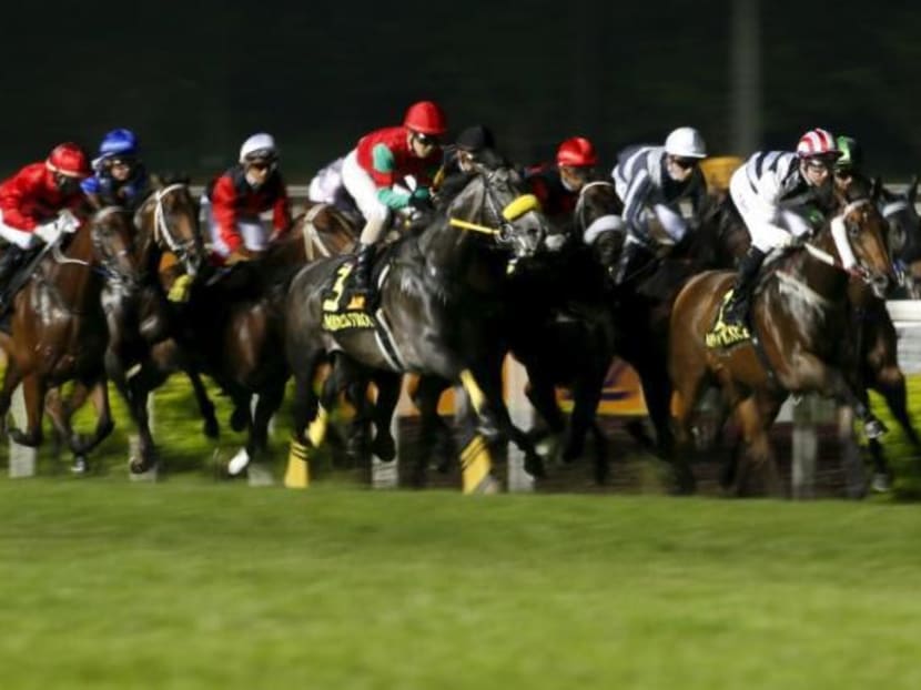 Australian jockey Tommy Berry (white stripes) rides Dan Excel to victory during the Singapore Airlines International Cup horse race at the Singapore Turf Club on May 17, 2015. Photo: Reuters