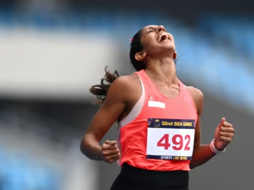 Singaporean sprinter Shanti Pereira celebrates winning the women's 200m final at the 32nd Southeast Asian (SEA) Games on May 8, 2023. Singaporean sprinter Shanti Pereira celebrates winning the women's 200m final at the 32nd Southeast Asian (SEA) Games on May 8, 2023.