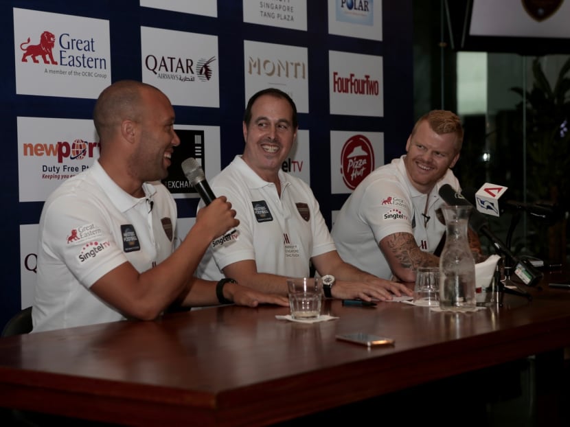 (From left) Mikael Silvestre, Steve Black (Masters Football Asia) and John Arne Riise at the press conference. Silvestre and Riise are keen to face off in November at the National Stadium. Photo: Masters Football Asia