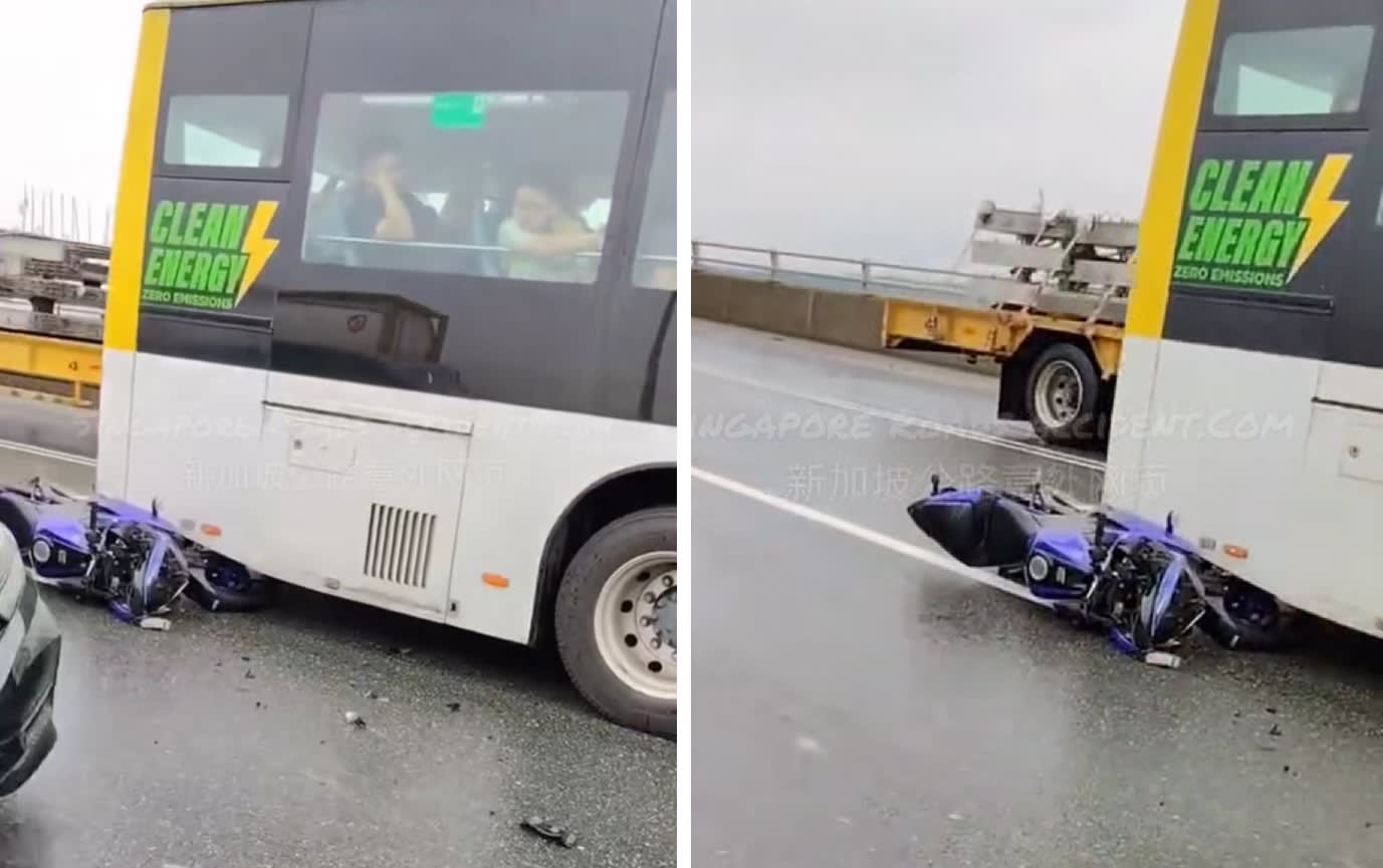 与巴士在新马第二通道碰撞摩托车惨成轮下废铁- 8world