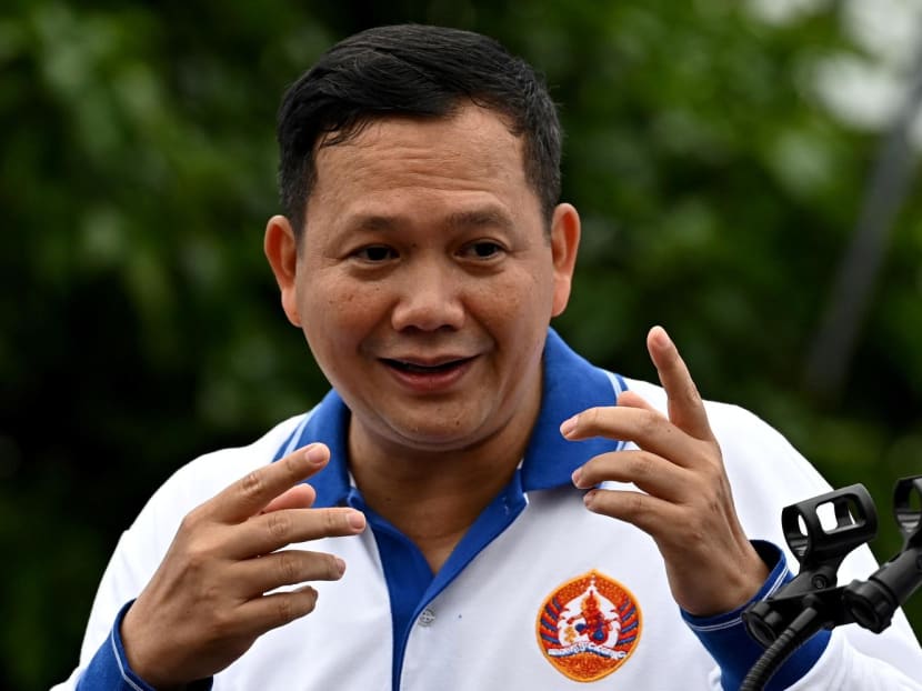 Dr Hun Manet, commander of the Royal Cambodian Army and oldest son of Prime Minister Hun Sen, gesturing during a campaign rally in Phnom Penh on July 21, 2023. Dr Hun Manet, commander of the Royal Cambodian Army and oldest son of Prime Minister Hun Sen, gesturing during a campaign rally in Phnom Penh on July 21, 2023.