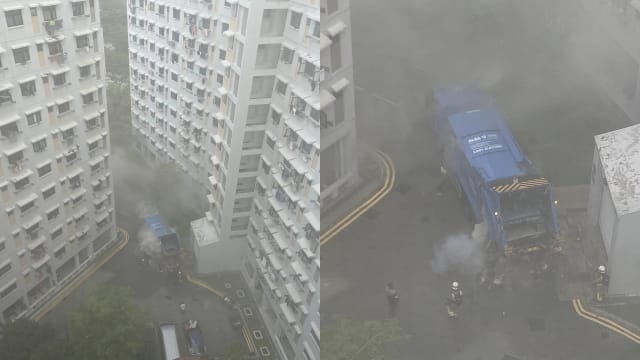 义顺垃圾车起火燃烧 浓烟弥漫组屋区
