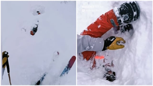 瑞士滑雪男子遭雪崩活埋 另一滑雪者及时挖雪救人