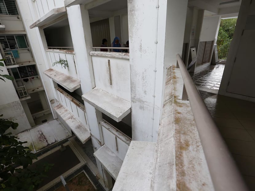 Mould seen on a public housing block along Anchorvale Crescent on Jan 6, 2023. 