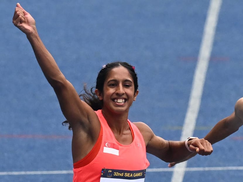 Singapore's Veronica Shanti Pereira celebrates after winning the women's 100m final during the 32nd Southeast Asian Games in Phnom Penh on May 12, 2023. Singapore's Veronica Shanti Pereira celebrates after winning the women's 100m final during the 32nd Southeast Asian Games in Phnom Penh on May 12, 2023.