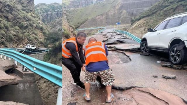 自驾游遇山洪泥石流  四川一家车子悬空几乎坠山沟