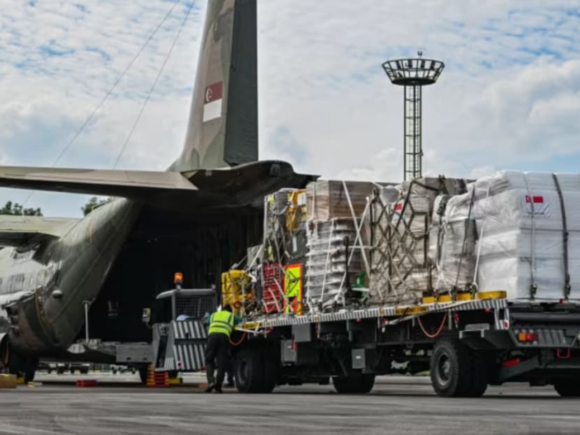 Loading of Singapore's humanitarian aid for Gaza onto the RSAF's C-130 aircraft. Loading of Singapore's humanitarian aid for Gaza onto the RSAF's C-130 aircraft.