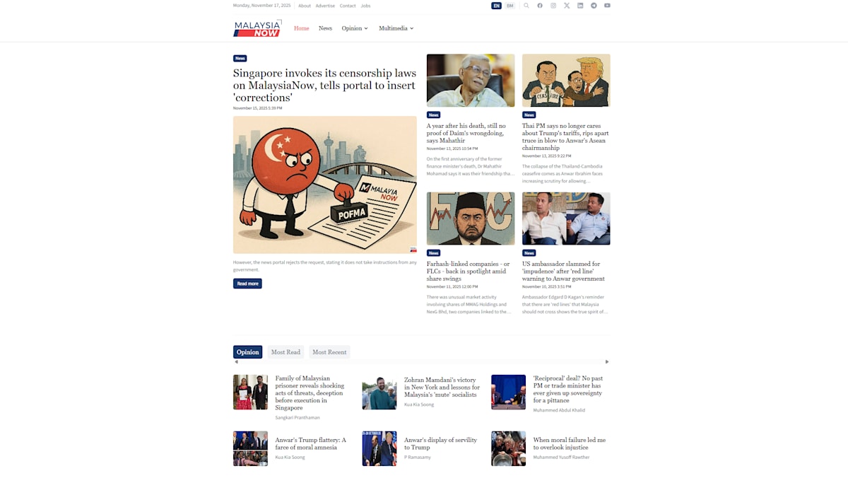 Singapore to block access to news outlet MalaysiaNow over failure to comply with POFMA order