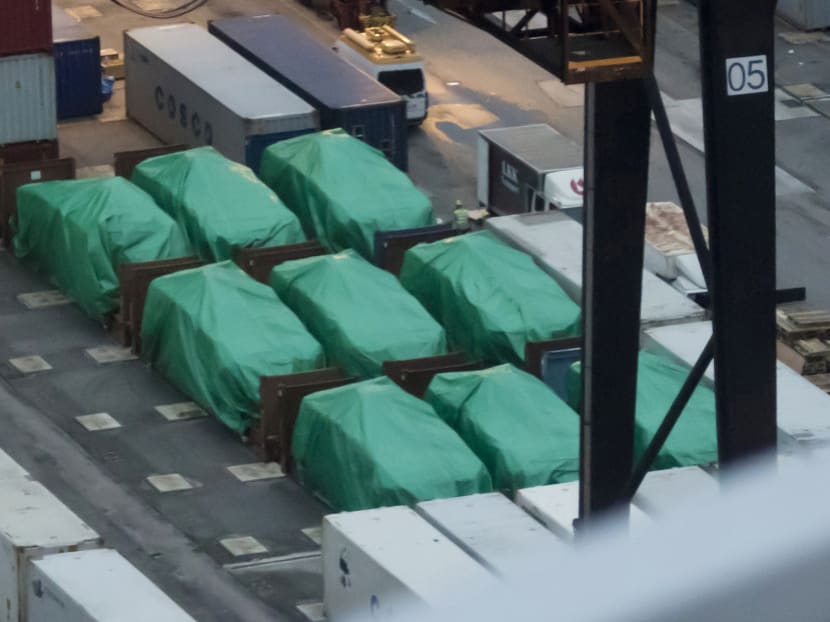 In this photo taken Thursday, Nov. 24, 2016, Nine eight-wheeled Singapore-made Terrex infantry carrier vehicles are detained at a container terminal in Hong Kong. Photo: AP