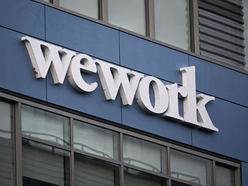 The WeWork logo is displayed outside of a shared commercial office space building in Los Angeles, California on Aug 8, 2023.
