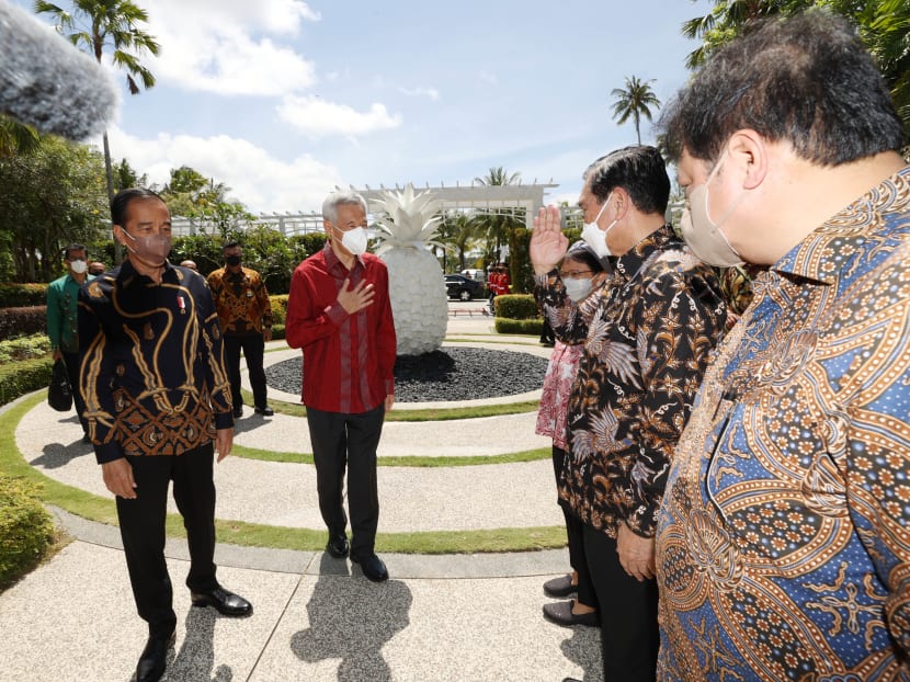 Indonesian President Joko Widodo (left) and Singapore Prime Minister Lee Hsien Loong (second from left) met on Jan 25, 2022 at a leaders' retreat to sign several bilateral agreements.