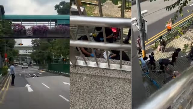 裕廊坊惊险一幕！ 老妇横躺马路中央不动弹