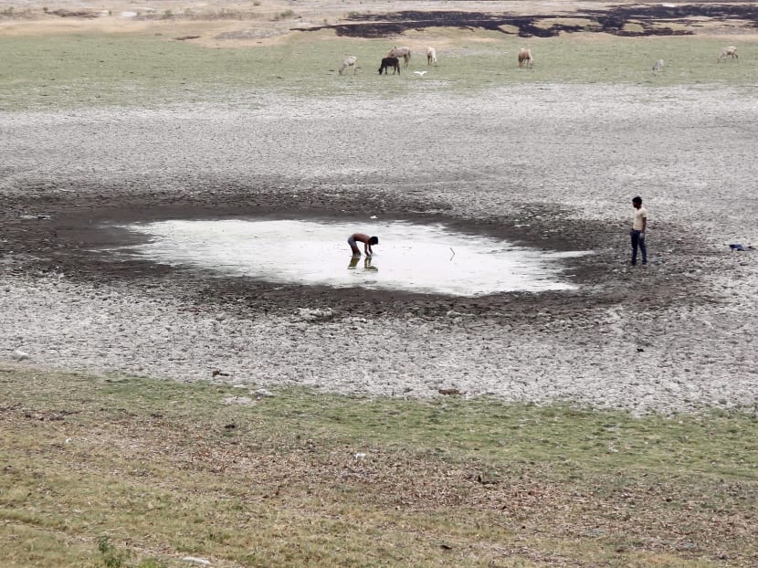 A boy catches fish in a dried-up pond near the banks of the Ganges river Allahabad, India. India's earth sciences minister has blamed climate change for deficient monsoon rains. By 2050, climate change is likely to uproot far more people than World War II, which displaced some 60 million across Europe. Photo: Reuters