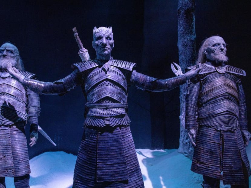 Statues of fictional characters the Night King (C) and White Walkers are displayed during a press preview of the "Game of Thrones" studio tour in Banbridge in Northern Ireland on Feb 2, 2022. The Petersons developed languages for the screen adaptations of "Game of Thrones" and "Dune".