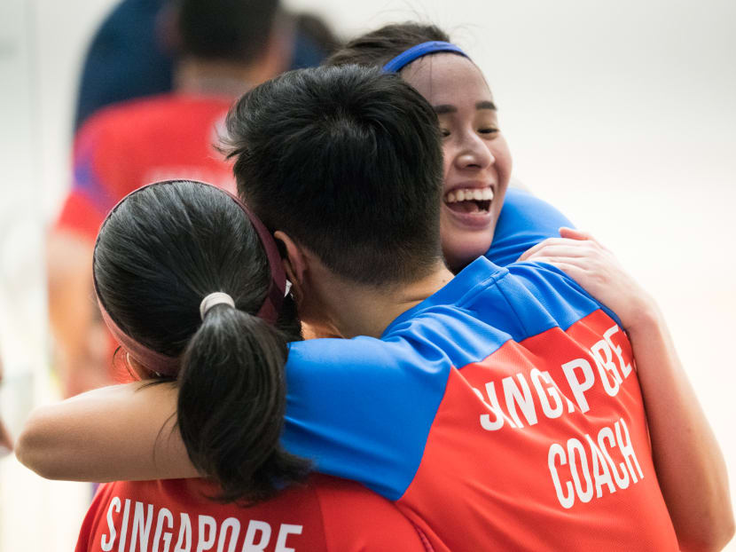 Mao ShiHui and Sherilyn Yang with their coach at the Women Jumbo doubles final on 24th Aug 2017 at Raintree Club. Photo: Knight Ong/Sport Singapore