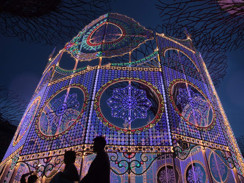 Visitors walking past a lit up Spalliera at Gardens by the Bay's Christmas Wonderland yuletide fair. The decorative structure which is fabricated in Italy measures 21m in diameter is the largest piece in a series of luminary attractions. Photo: Don Wong