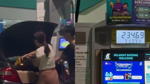马国男女加油站将汽油装入后车厢塑料容器引议