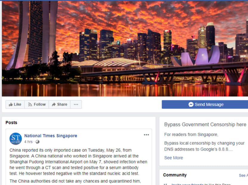 The National Times Singapore page has "communicated at least three false statements of fact", the Ministry of Communications and Information said. The National Times Singapore page has "communicated at least three false statements of fact", the Ministry of Communications and Information said.