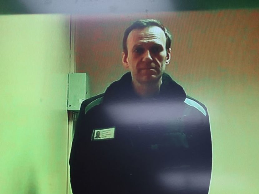 FILE PHOTO: Russian opposition leader Alexei Navalny is seen on a screen via video link from a penal colony in the Vladimir Region during a hearing at the Basmanny district court in Moscow, Russia, April 26, 2023. REUTERS/Yulia Morozova/File Photo