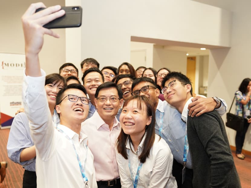 Finance Minister Heng Swee Keat (second row, second from left) having his picture taken with university student leaders after the NTU Students' Union Ministerial Forum on March 28, 2019. Finance Minister Heng Swee Keat (second row, second from left) having his picture taken with university student leaders after the NTU Students' Union Ministerial Forum on March 28, 2019.
