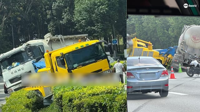 拖车带水泥车PIE突然失控 跨多条车道撞上分界堤