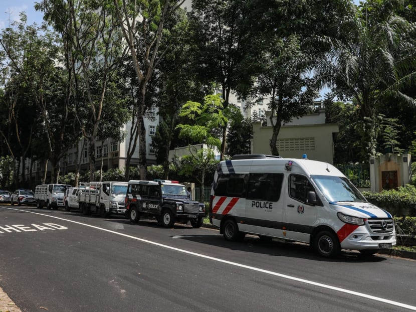 Police and waste management vehicles parked along Hume Avenue on May 25, 2023. 