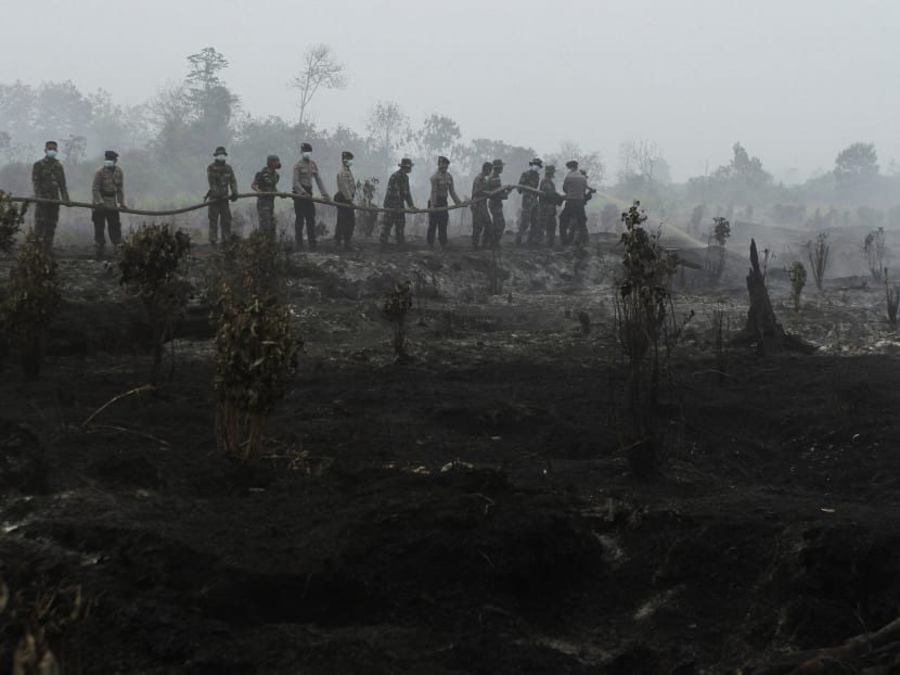 Indonesian police and military personnels extinguish fire in Kampar, Riau province on Aug 29, 2016.  Photo: AFP