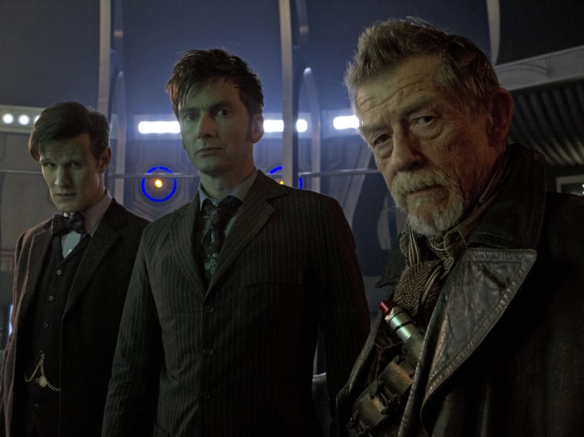 (L-R) Matt Smith as the Eleventh Doctor, David Tennant as the Tenth Doctor and guest star John Hurt in the 50th Anniversary Special – The Day Of The Doctor. Photo: Adrian Rogers/BBC