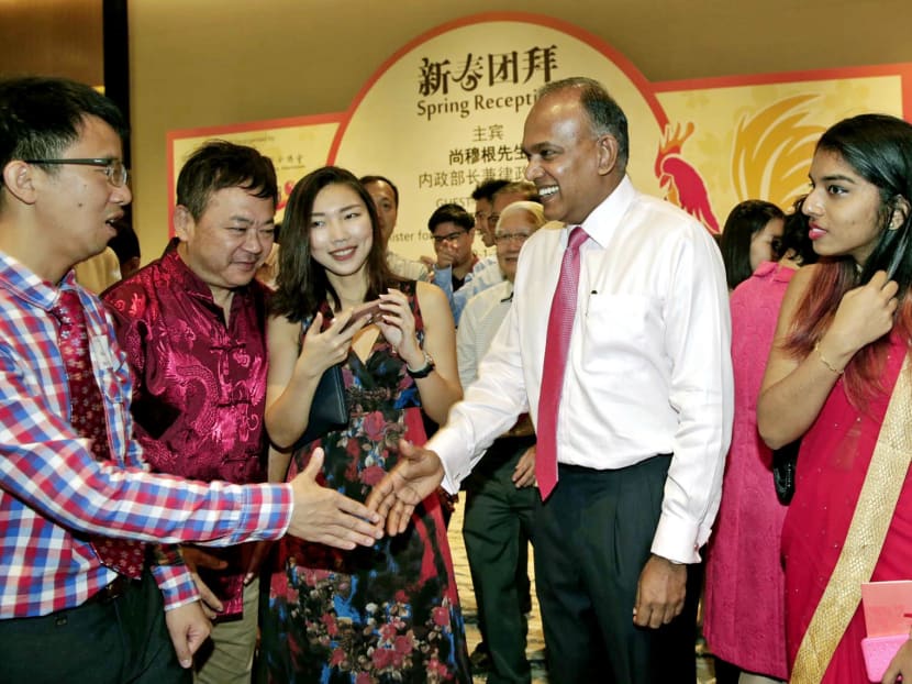 Law and Home Affairs Minister K Shanmugam at the Spring Reception 2017, which was attended by over 800 guests. It was held for the first time at the new premises of the Singapore Chinese Cultural Centre. Photo: Ernest Chua/TODAY Law and Home Affairs Minister K Shanmugam at the Spring Reception 2017, which was attended by over 800 guests. It was held for the first time at the new premises of the Singapore Chinese Cultural Centre. Photo: Ernest Chua/TODAY