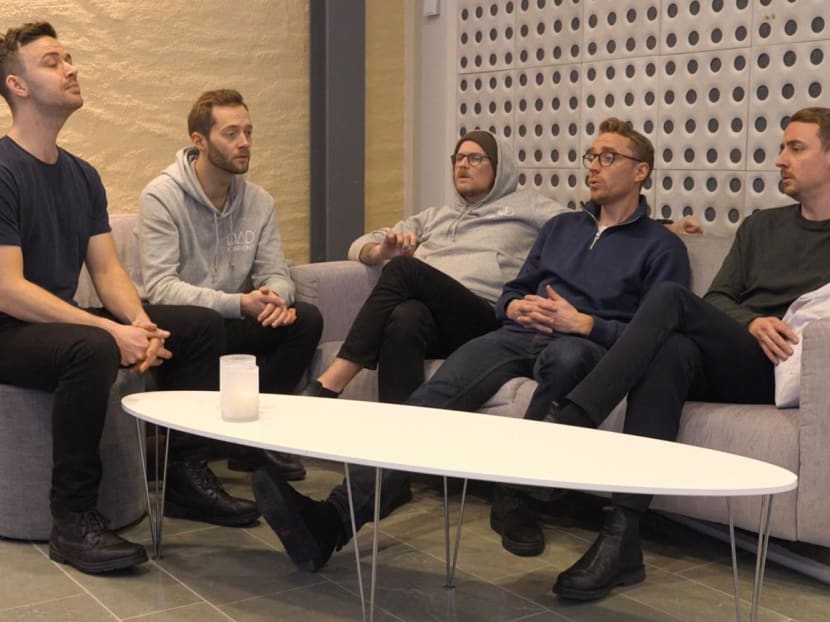 Members of the band "Dad Harmony" (left to right) Mr Michael Aberg, Mr Sebastian Åkesson, Mr Adam Stenlund, Mr Peter Widmark and Mr Tomas Widmark, are pictured during an interview with AFP, in Norrkoping, Sweden, on Dec 1, 2023. 