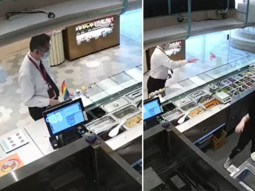 Images from surveillance footage uploaded by grain bowl stall SMOL at Lau Pa Sat food centre showed a man getting upset over an LGBTQ pride flag that was displayed there. Images from surveillance footage uploaded by grain bowl stall SMOL at Lau Pa Sat food centre showed a man getting upset over an LGBTQ pride flag that was displayed there.