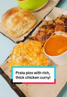 Former Shangri-La China service manager Sax Peter returned to Singapore after 28 years and opened a hawker stall at Hong Lim Food Centre — serving unique ‘prata pies’ paired with rich, thick chicken curry! Sax’s other specialty is butter chicken over rice draped with a fluffy fried egg 😋 #8dayseathawker #hawker #curry #prata #tiktoksg