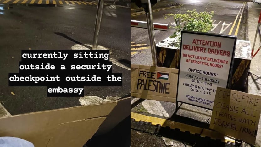 Woman assisting with police investigations after placing placards outside Israeli embassy in Singapore Woman assisting with police investigations after placing placards outside Israeli embassy in Singapore