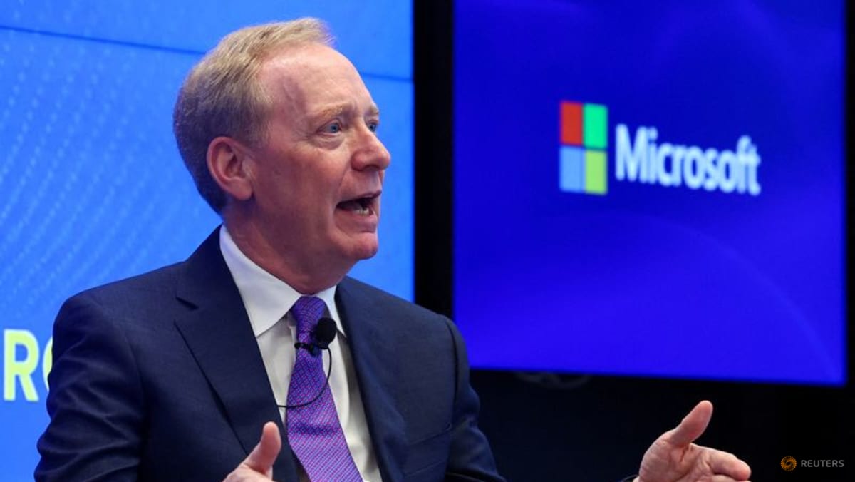 FILE PHOTO: Microsoft Vice Chair and President Brad Smith addresses a keynote in Brussels, Belgium April 30, 2025. REUTERS/Yves Herman/File Photo