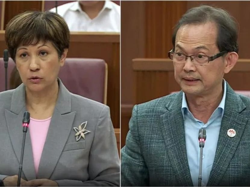 Leader of the House Indranee Rajah (left) and Mr Leong Mun Wai, secretary-general of the Progress Singapore Party, speaking in Parliament on July 6, 2023. Leader of the House Indranee Rajah (left) and Mr Leong Mun Wai, secretary-general of the Progress Singapore Party, speaking in Parliament on July 6, 2023.