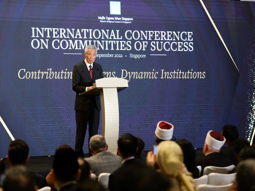Prime Minister Lee Hsien Loong delivering his keynote address at the inaugural International Conference on Communities of Success on Sept 9, 2022. 