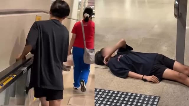 少年地铁站内步履不稳 倒在人行道出口处