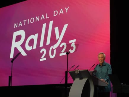 Prime Minister Lee Hsien Loong delivering his National Day Rally speeches at the Institute of Technical Education headquarters in Ang Mo Kio on Aug 20, 2023.