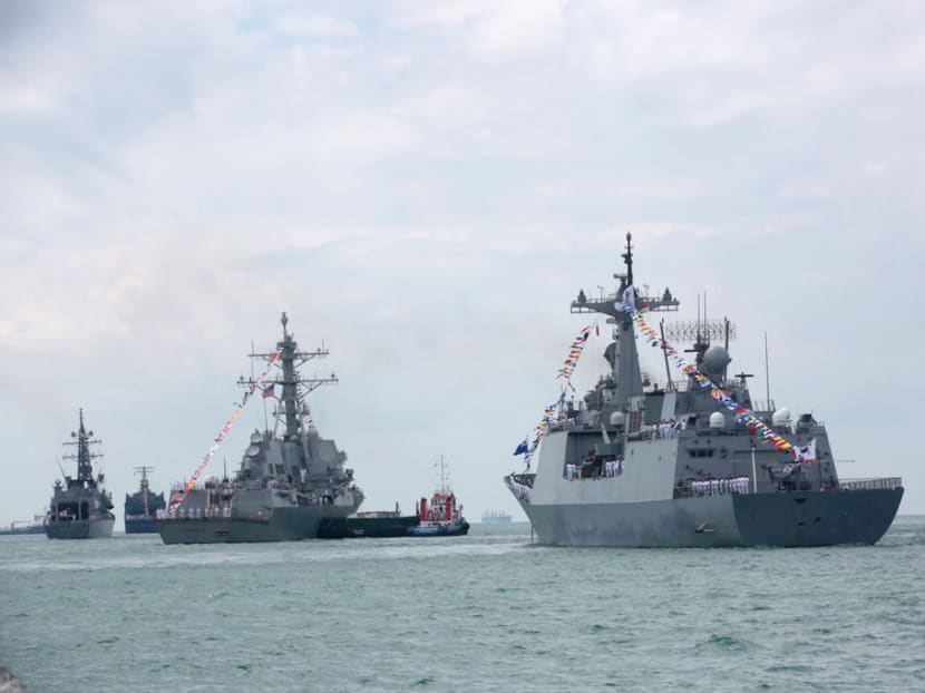 28 foreign warships from 20 navies are participating in Singapore's first International Maritime Review around RSS Singapura-Changi Naval Base at the Singapore Strait. 16 local warships, two Police Coast Guard boats, and four Republic of Singapore Air Force aircraft are also participating in the review by President Tony Tan Keng Yam. Photo: Jason Quah/TODAY