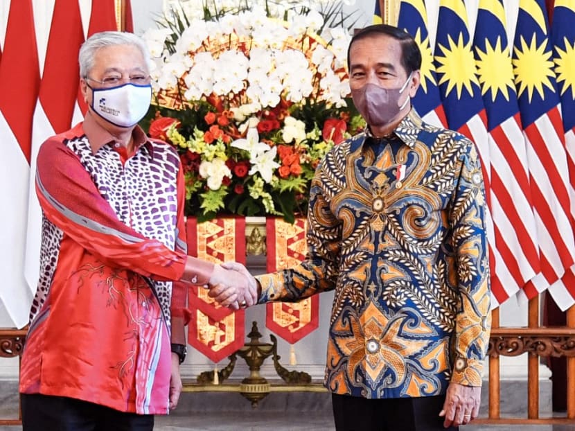 This handout photo taken and released by the Presidential Palace on April 1, 2022 shows Indonesian president Joko Widodo shaking hands with Malaysian prime minister Ismail Sabri Yaakob during their meeting at the presidential palace in Jakarta.
This handout photo taken and released by the Presidential Palace on April 1, 2022 shows Indonesian president Joko Widodo shaking hands with Malaysian prime minister Ismail Sabri Yaakob during their meeting at the presidential palace in Jakarta.